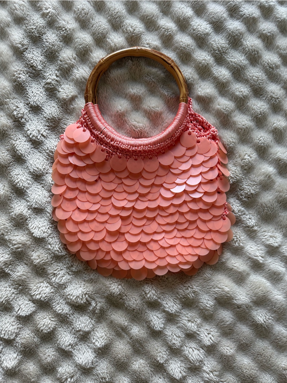 Anthropology Pink Sequin Handbag with Bamboo Ring Handles